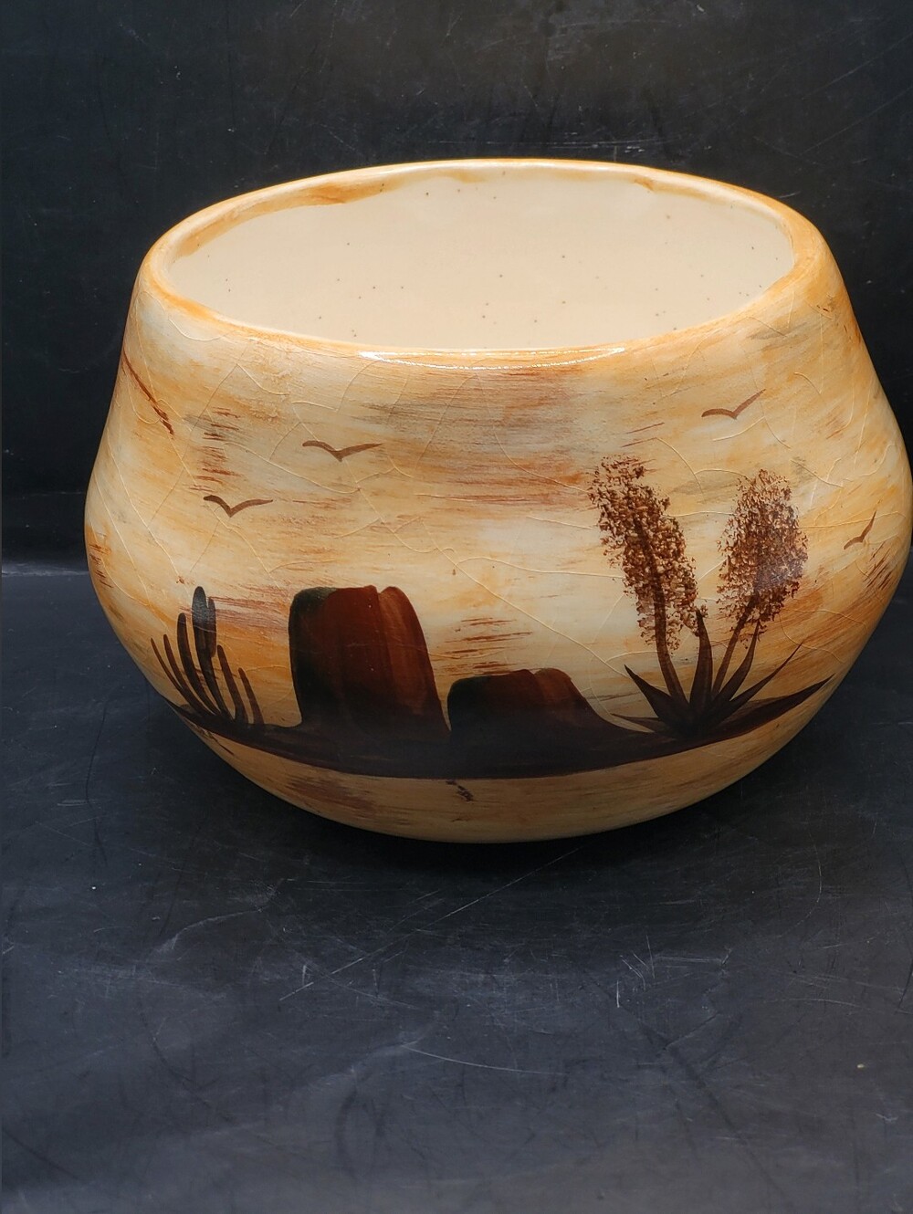 Vintage Desert Scene Glazed Pot Signed Thora 4.5" Southwest Cactus
